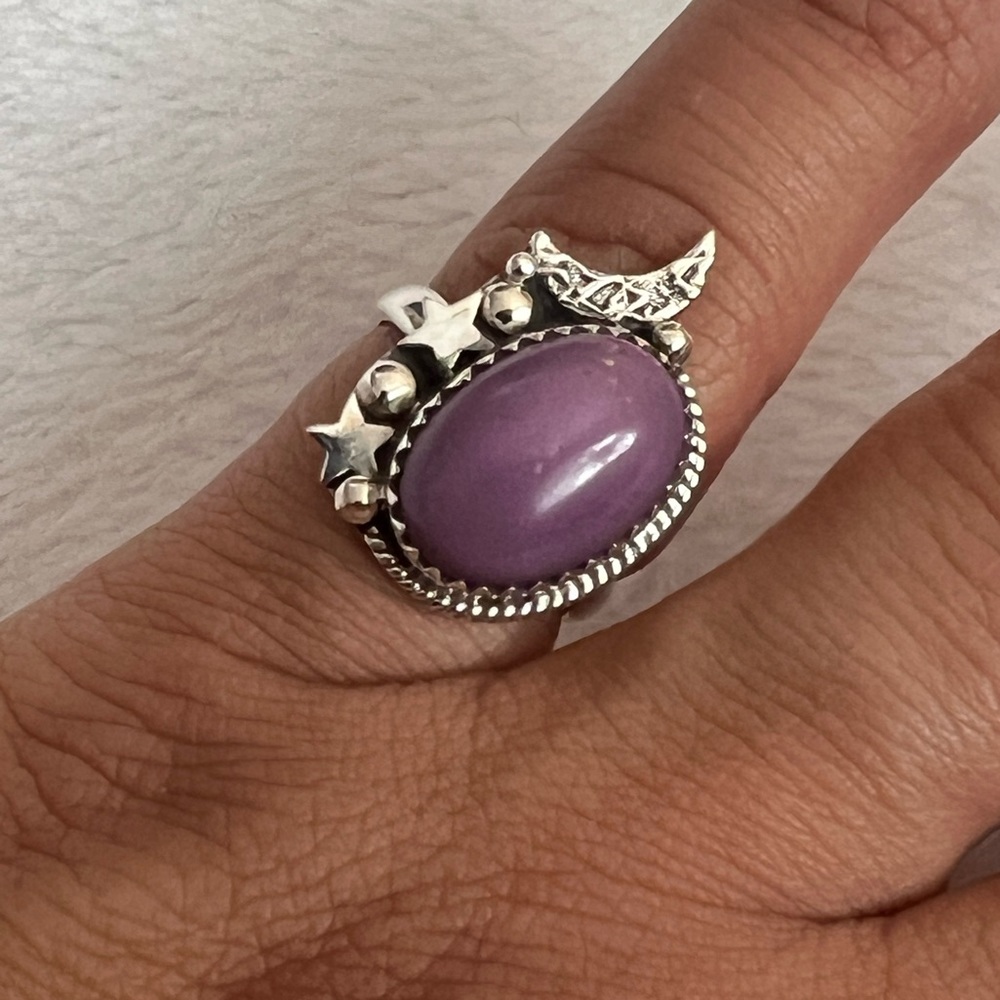 925 silver moon & stars ring with purple lepidolite stone ring size 6 1/2 - Picture 3 of 7